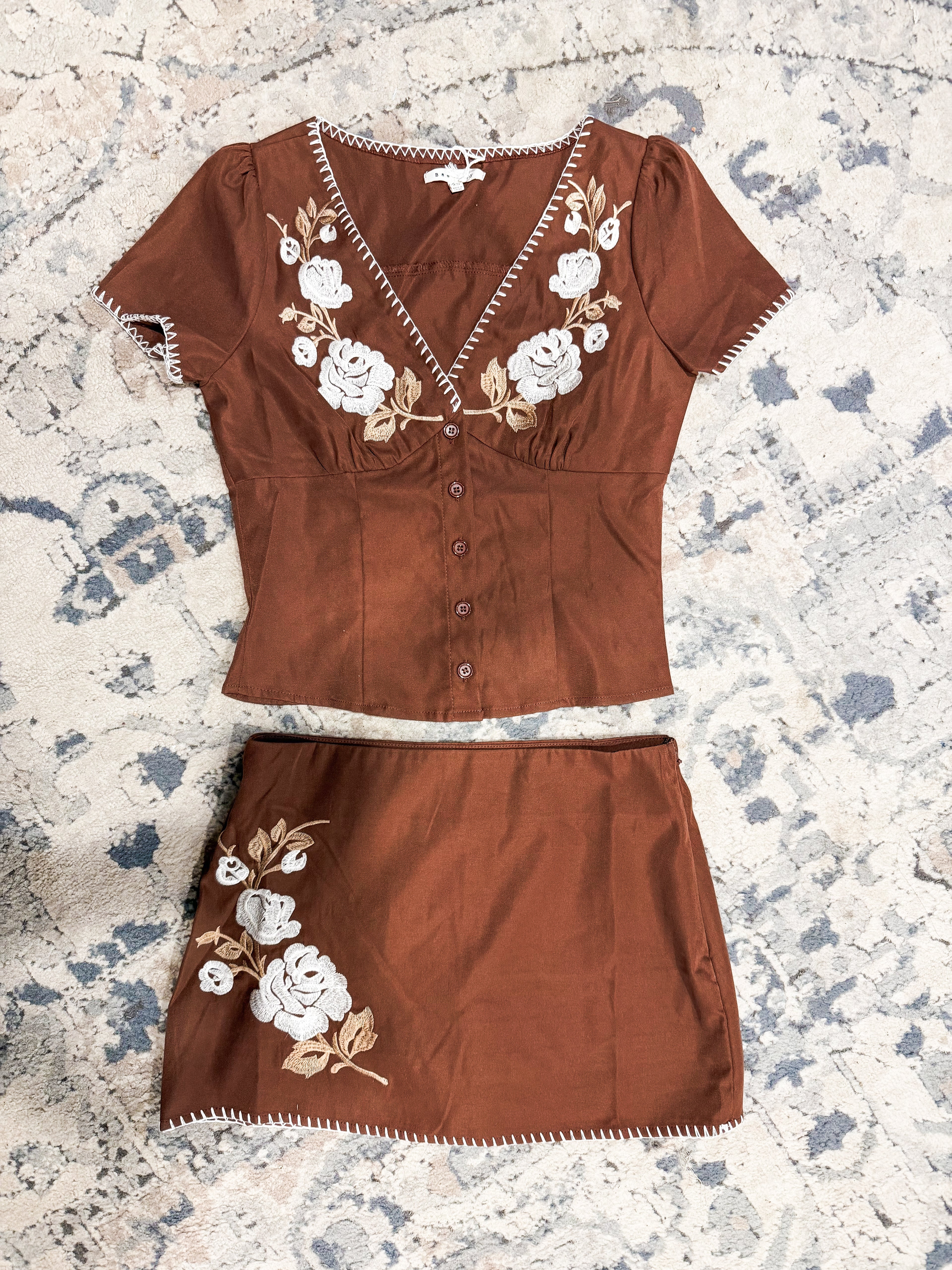 Brown Embroidered Floral Set